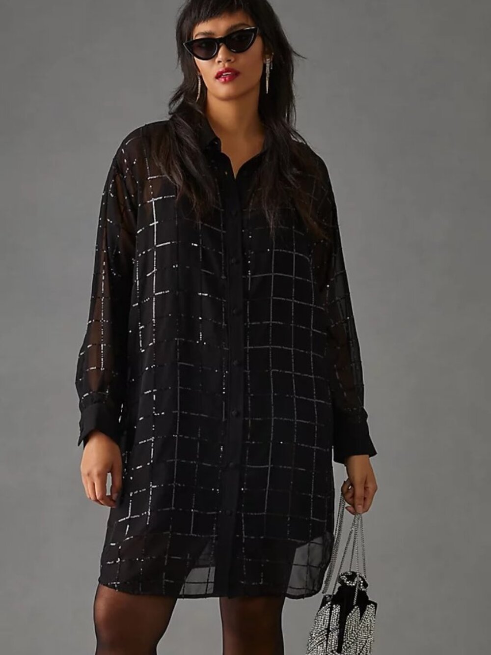 Anthropologie Rinku Dalamal sequin shirt dress black sheer slip size M
